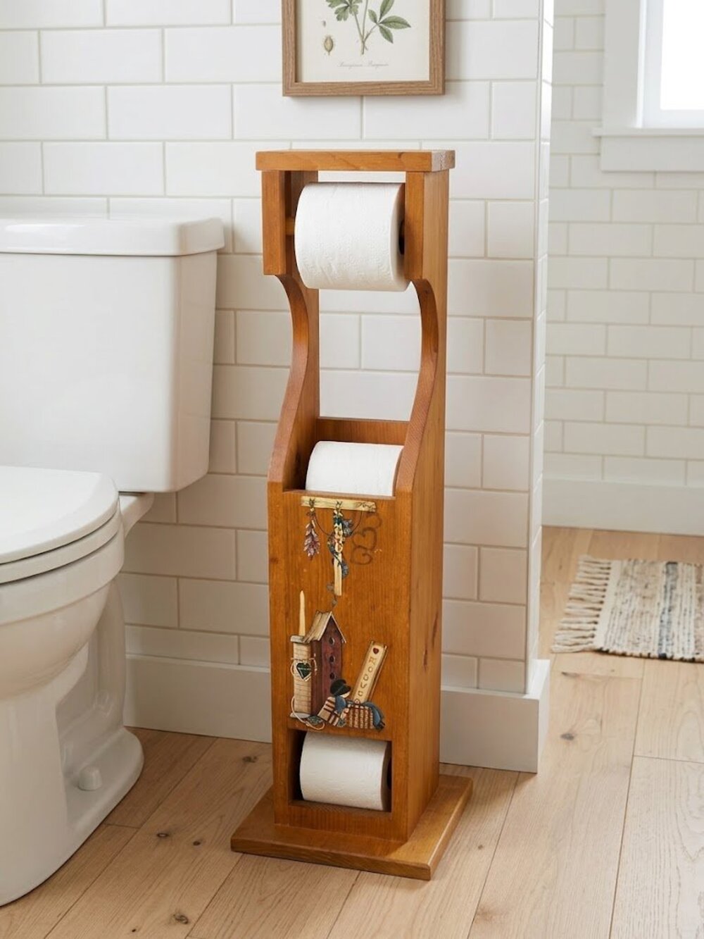 Vintage Hand Painted Wood Toilet Paper Holder Stand - Holds 6 Small Rolls Total